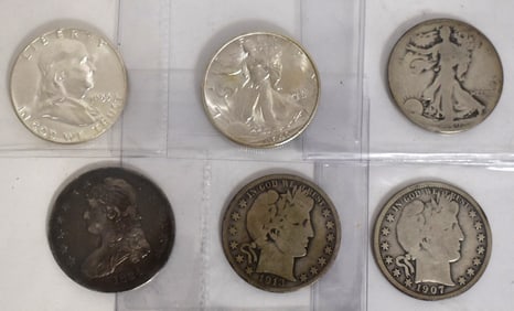 6 ASST. HALF DOLLARS, BUST, BARBER, WALKING, FRANKLIN