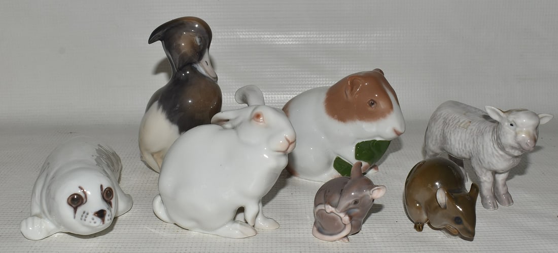 LOT (7) B & G & ROYAL COPENHAGEN ANIMALS: LOT (7) B & G & ROYAL COPENHAGEN ANIMALS: DUCK, HAMSTER, SEAL, LAMB WHITE RABBIT, SMALL MOUSE, TALLEST 4 3/4"