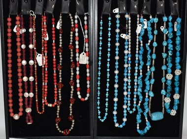 2 TRAYS ASST NECKLACES INCL TURQUOISE/CORAL/CHERRY JADE