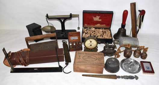 COUNTRY COLLECTABLES INCL SCALES/BELLS/WOOD PUZZLE, ETC