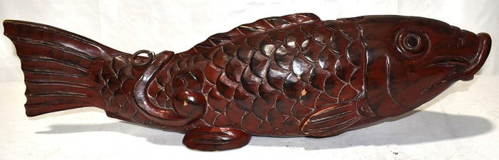 JAPANESE WOODEN KOI FISH TRADE SIGN, 20TH C.