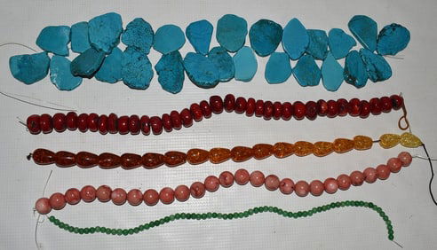 LOT ASST. BEADS INCL. TURQUOISE, CORAL, JADE, AMBER