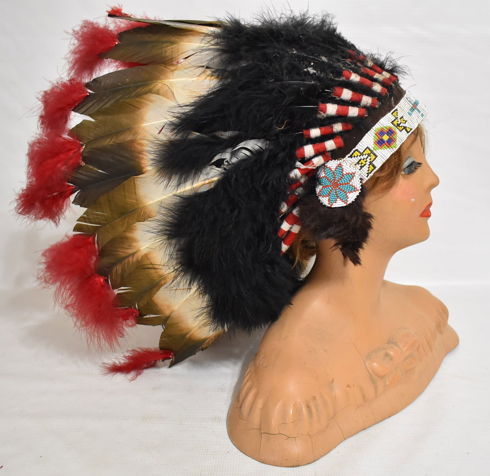 AMERICAN INDIAN BEADED/FEATHERED HEADDRESS, 20TH C. (1 of 5)