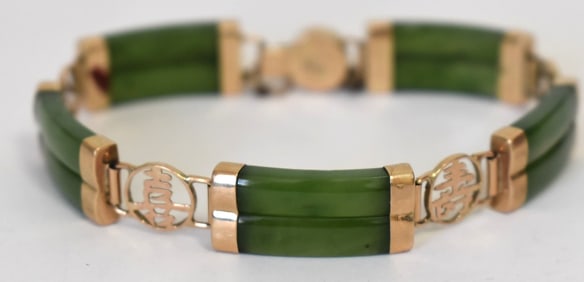 JAPANESE/CHINESE 14KT YW GOLD/APPLE GREEN JADE BRACELET