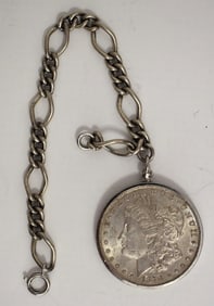 1878 MORGAN SILVER DOLLAR WATCH FOB W/STERLING CHAIN