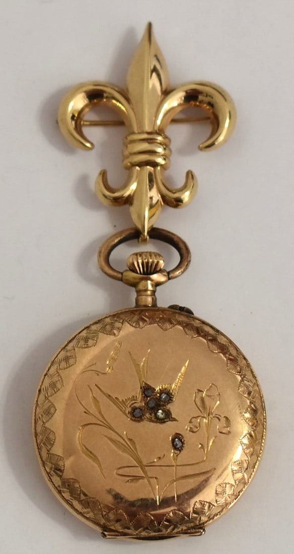 VICTORIAN 14KT YELLOW GOLD/DIAMOND LAPEL WATCH: VICTORIAN 14KT YELLOW GOLD/DIAMOND LAPEL WATCH W/14KT FLER DIS LIES PIN, 19TH C., W. 17.1 DWT