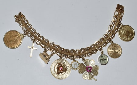 DECO 14KT YELLOW GOLD CHARM BRACELET, C. 1950'S