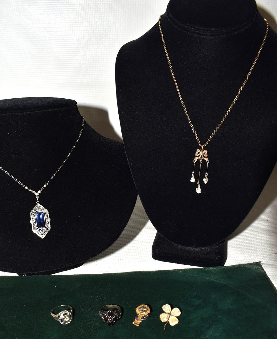 LOT ASSORTED VINT. 10/14KT. JEWELRY INCL. SAPPHIRE/DIA. RING C.1920 (1 of 8)