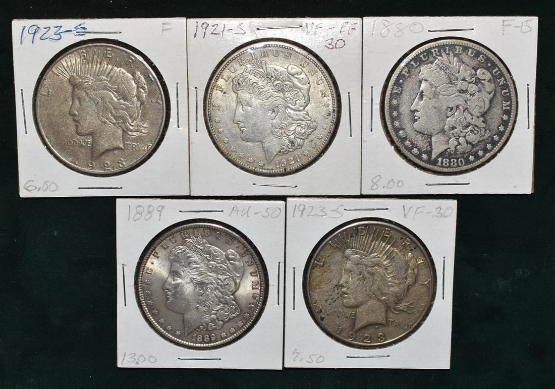 LOT (5) ASSORTED MORGAN/PEACE SILVER DOLLARS (1 of 8)