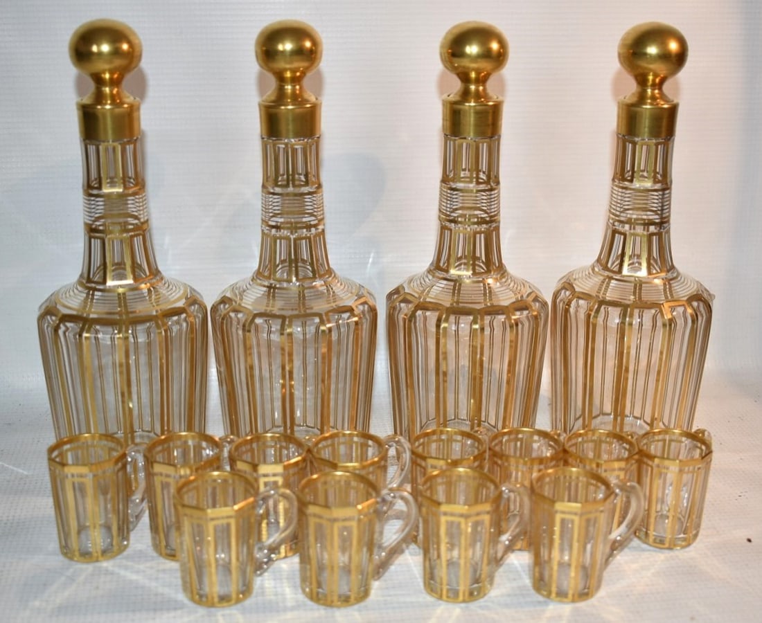 SET (16) ART DECO GILT CRYSTAL DECANTER SET, C. 1950'S (1 of 6)