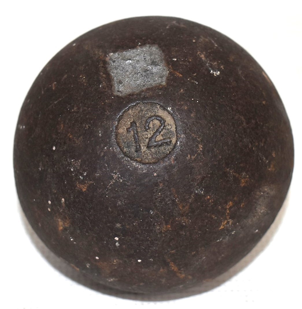12 POUND CAST IRON SHOT BALL, 19/20TH C. (1 of 3)