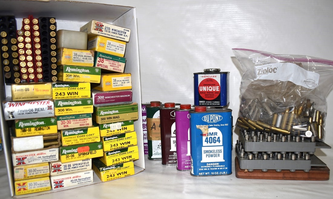 LOT (2) BOXES GUNPOWDER/BRASS SHELLS 30-30, 30-06, ETC. (1 of 3)