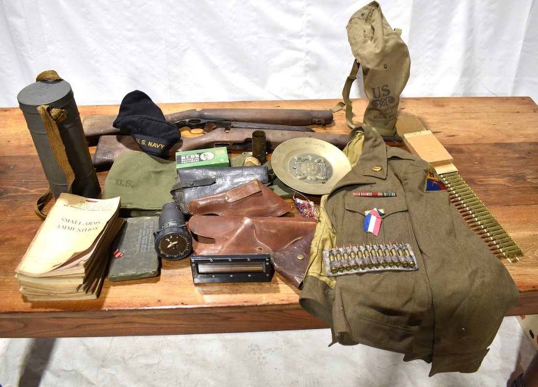 BOX LOT ASST MILITARY INCL. IKE JACKET/SAVAGE GUN PARTS (1 of 13)