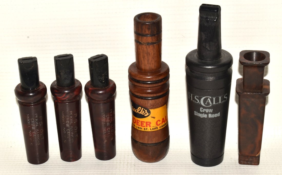 6 VINTAGE DUCK, DEER, CROW CALLS, ETC. C. 1950/60 (1 of 3)