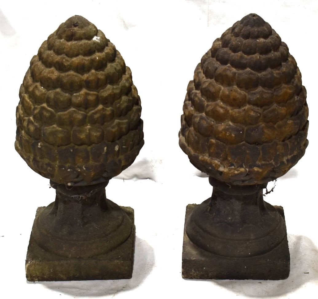 PR. CAST CONCRETE PINE CONE CAPITALS, H. 21": PR. CAST CONCRETE PINE CONE CAPITALS, H. 21"