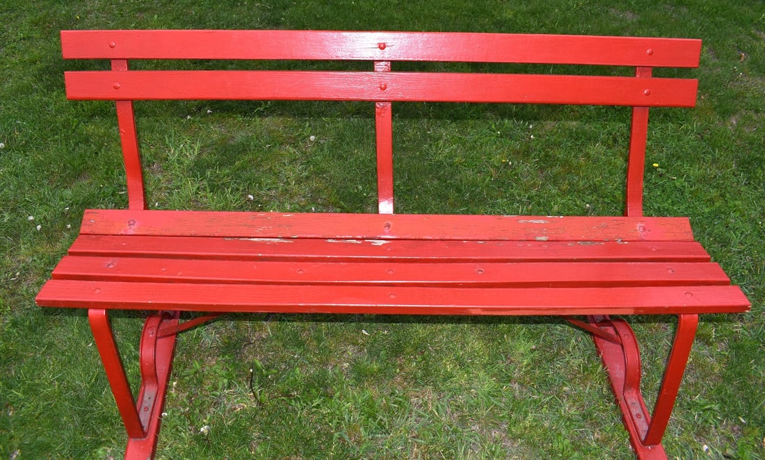 DECO WOOD/IRON PARK/GARDEN BENCH, C. 1950/60: DECO WOOD/IRON PARK/GARDEN BENCH, C. 1950/60, H. 32" L. 60"