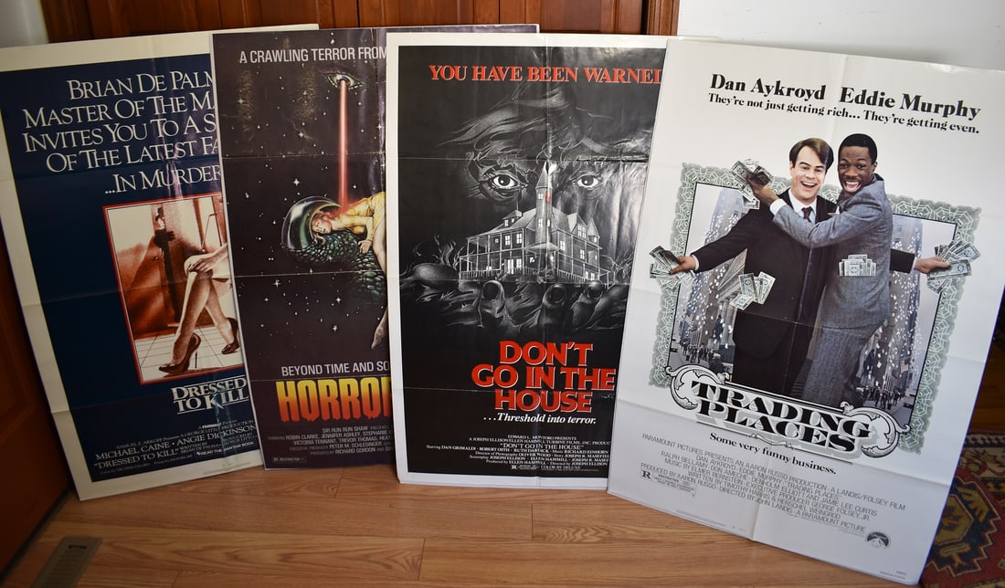 4 VINTAGE MOVIE POSTERS INCL. DON'T GO IN THE HOUSE: LOT (4) VINTAGE MOVIE POSTERS INCL. "DON'T GO IN THE HOUSE", "HORROR PLANET", "DRESSED TO KILL", C. 1980/82, 41" X 27"