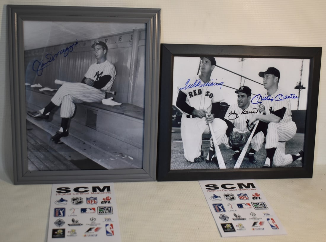 LOT (2) AUTO. PHOTOS DIMAGGIO/MANTLE/WILLIAMS/BERRA: LOT (2) AUTOGRAPHED PHOTOS JOE DIMAGGIO, MICKEY MANTLE/TED WILLIAMS/YOGI BERRA W/COA'S, 5" X 7", 8" X 10"