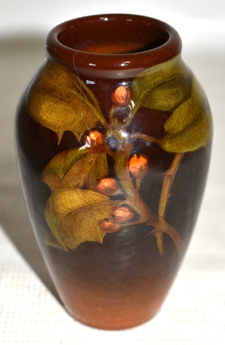 ROOKWOOD STANDARD GLAZE (BERRY DECORATION) VASE SIGNED: ROOKWOOD STANDARD GLAZE (BERRY DECORATION) VASE SIGNED GRACE HALL, C. 1904, H. 6"
