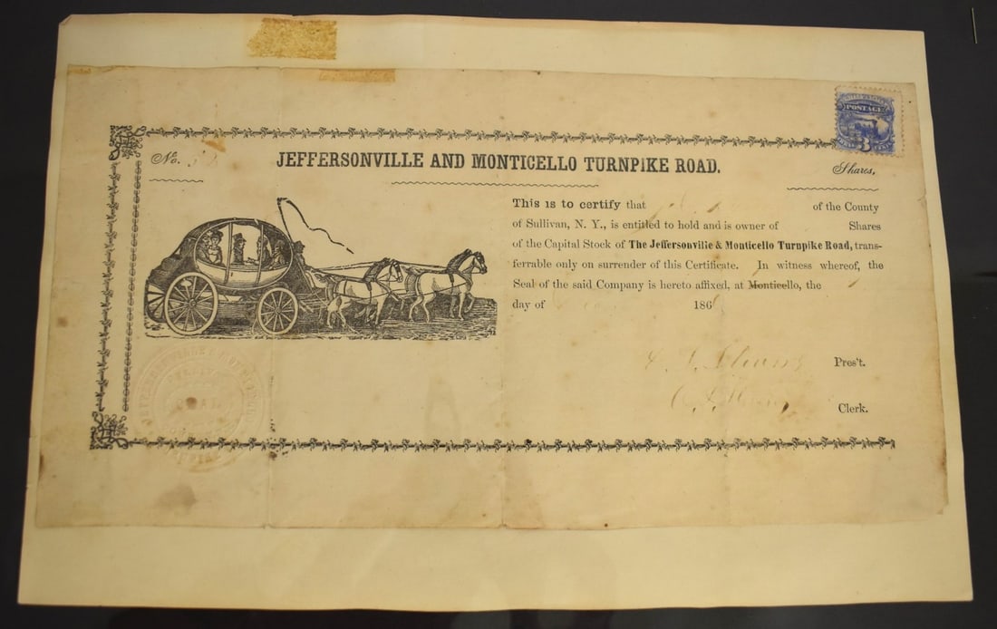 RARE STOCK CERTIFICATE JEFFERSONVILLE & MONTICELLO TPKE: RARE STOCK CERTIFICATE JEFFERSONVILLE AND MONTICELLO TURNPIKE ROAD 2 SHARES #52, 1ST DAY OF DECEMBER 1860 SIGNED ILLEGIBLE
