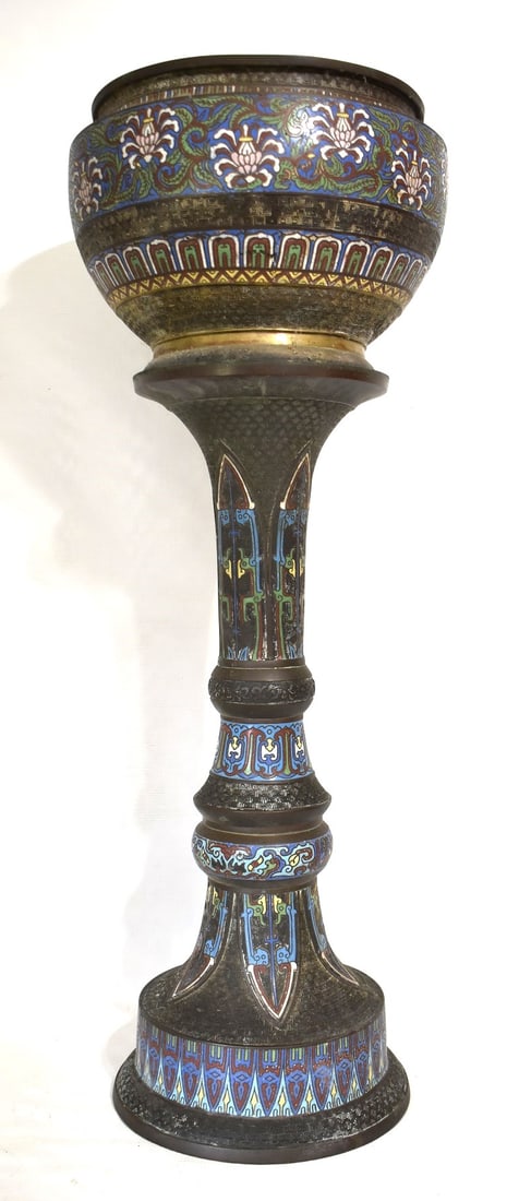 FRENCH CHAMPLEVE JARDINIERE/PEDESTAL, 19/20TH C.: FRENCH CHAMPLEVE JARDINIERE/PEDESTAL, 19/20TH C., H. 35"