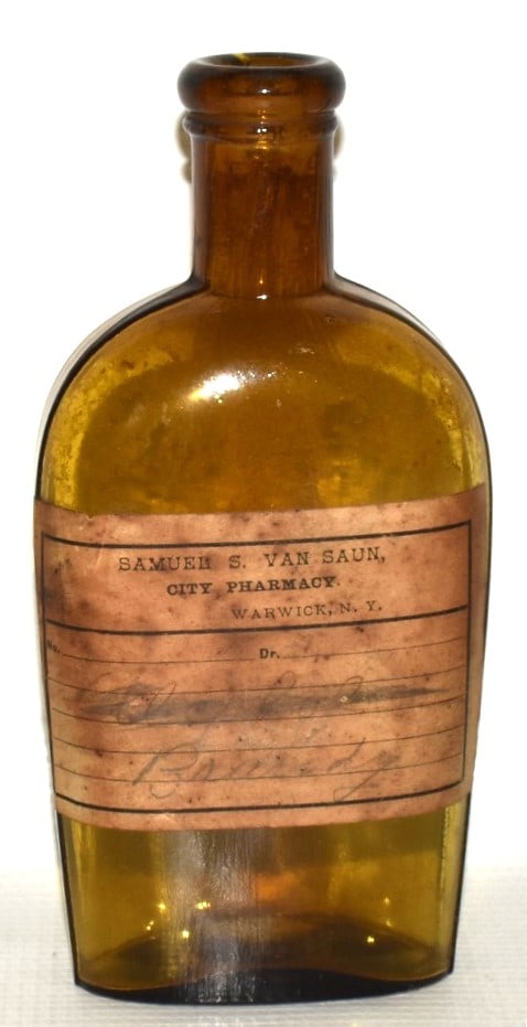 FLASK 19TH C (SAMUEL VAN SAUN) WARWICK NY: WHISKEY FLASK 19TH C. (SAMUEL VAN SAUN) WARWICK NY H. 6 1/4"