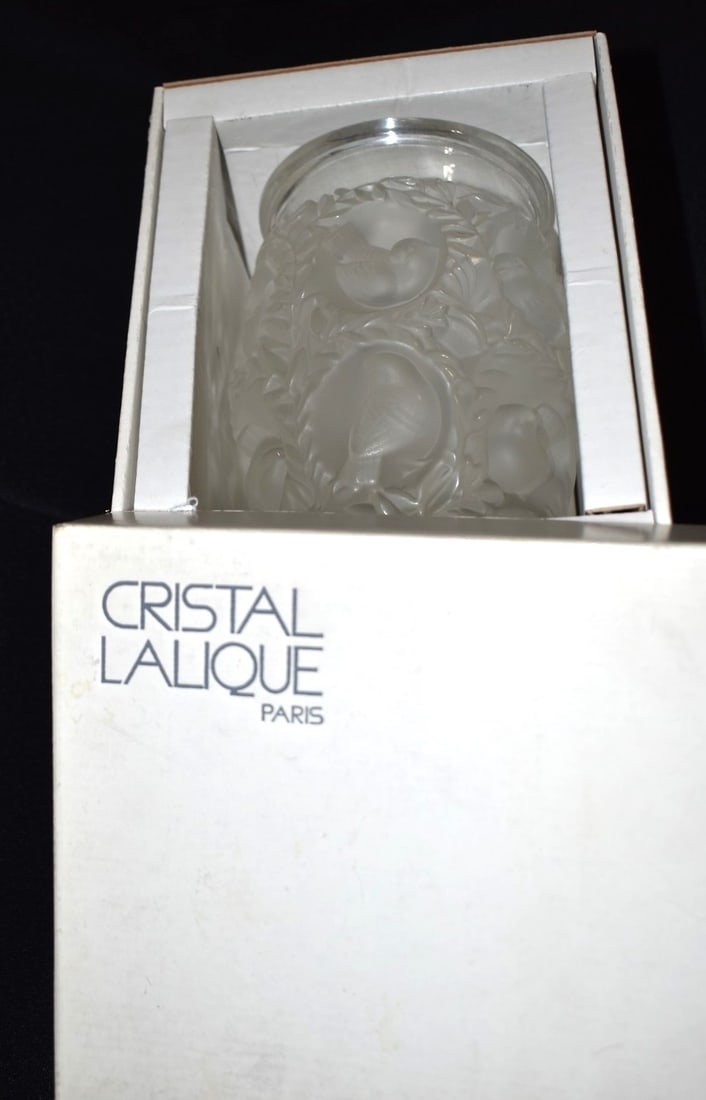 LALIQUE COLORED ART GLASS VASE (BIRDS IN BUSH) C.1970'S (1 of 4)