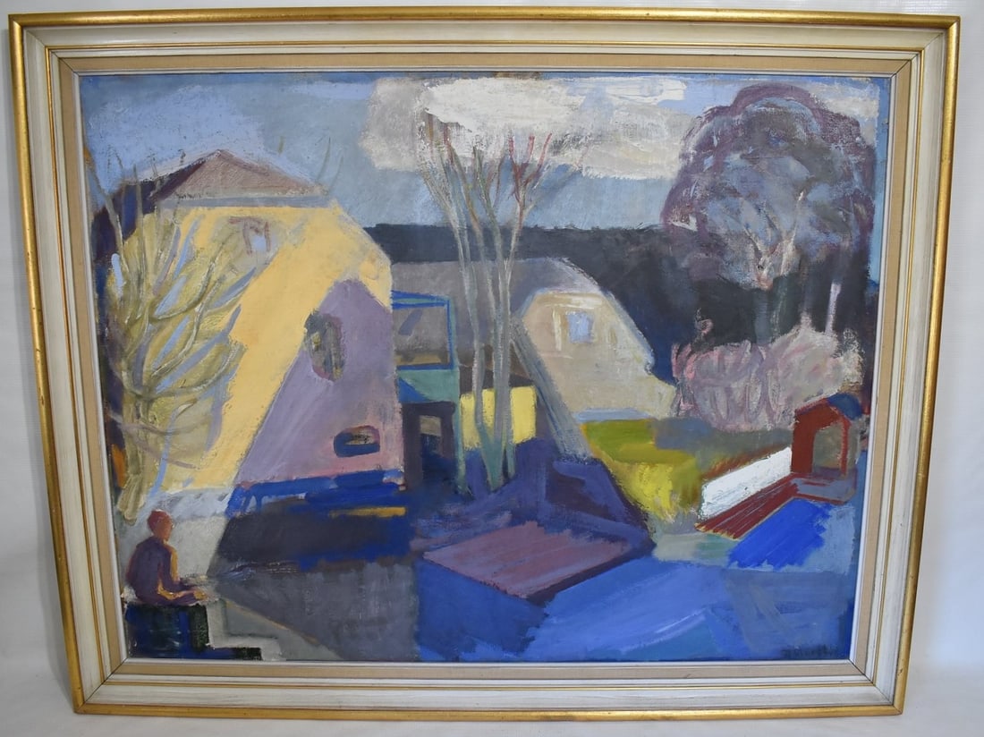 O/C ABSTRACT SIGNED R. GISSEL, 20TH C., 27" X 35" SIGHT (1 of 6)