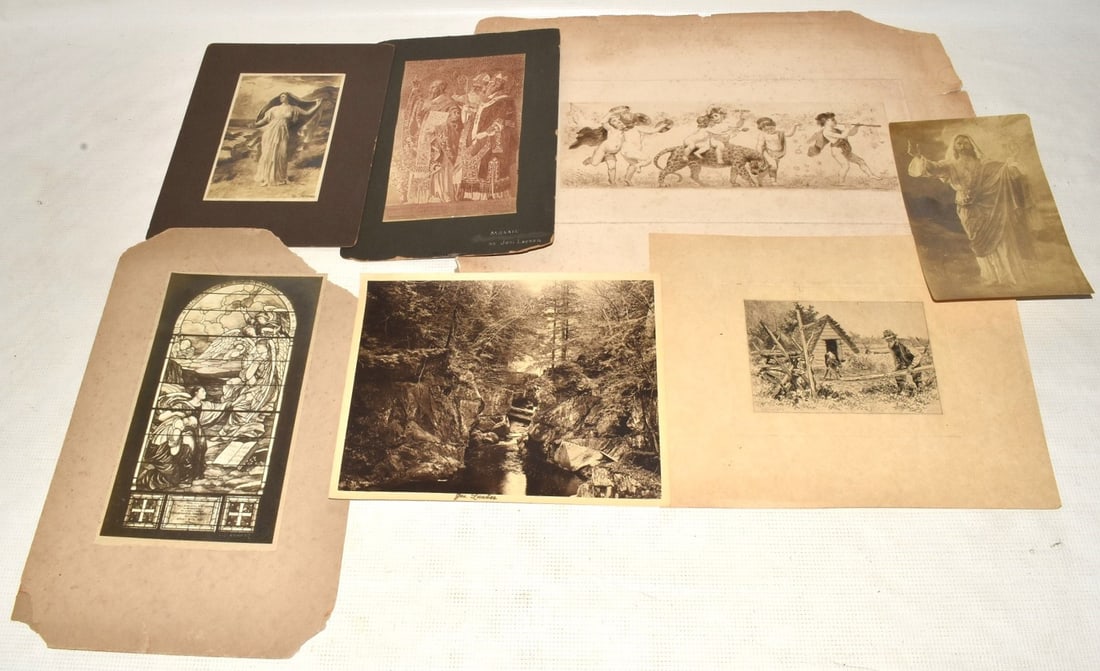 7 ETCHINGS/PHOTOS SIGNED JOS. LAUBER ARTIST FOR TIFFANY: LOT (7) ETCHINGS/PHOTOS SIGNED JOS. LAUBER ARTIST FOR TIFFANY STUDIOS W/LEADED WINDOWS/INSTALLED, C. 1900