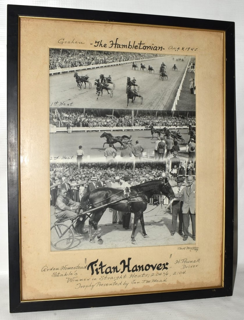 PHOTOGRAPH HAMBLETONIAN TRACK "TITAN HANOVER": PHOTOGRAPH HAMBLETONIAN TRACK "TITAN HANOVER" ARDEN STABLES WINNER OF STRAIGHT HEATS AUG. 8, 1945, 19" X 15"