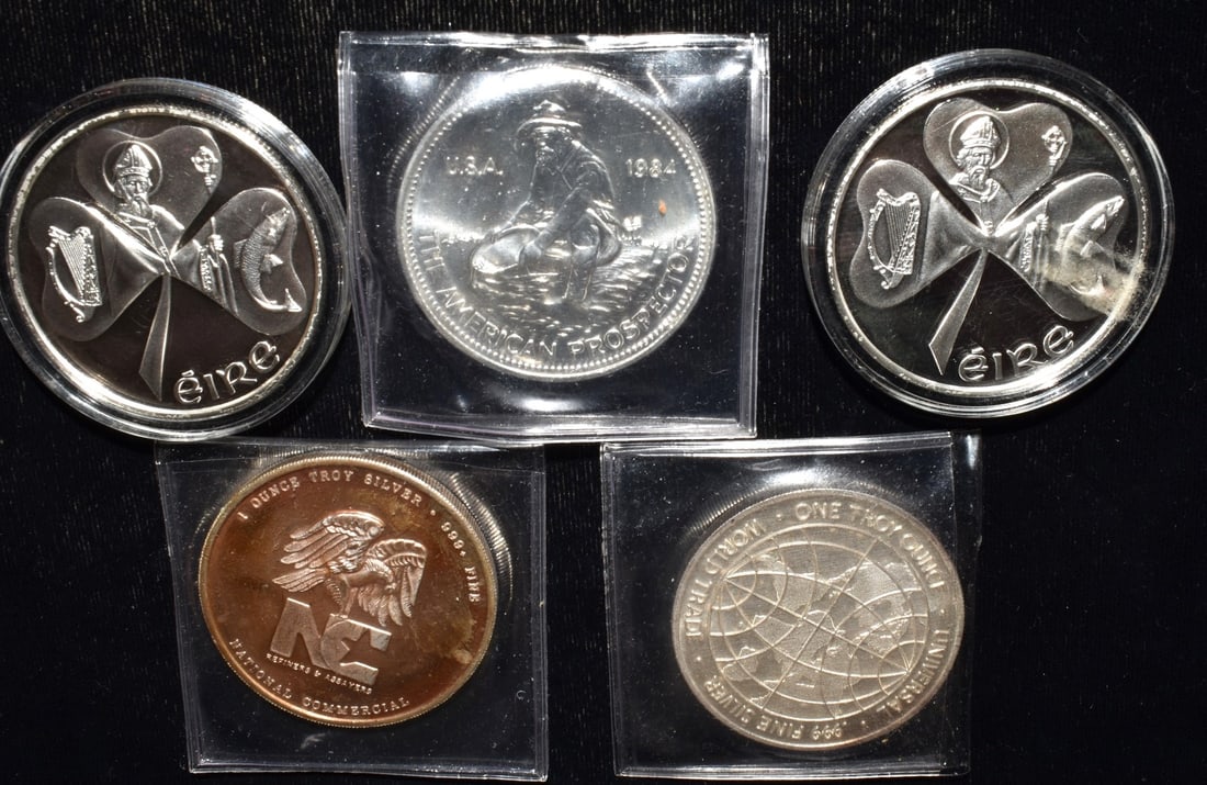 LOT (5) ASSORTED VARIOUS SILVER ROUNDS, APPROX. 6.1 OZ. - 2
