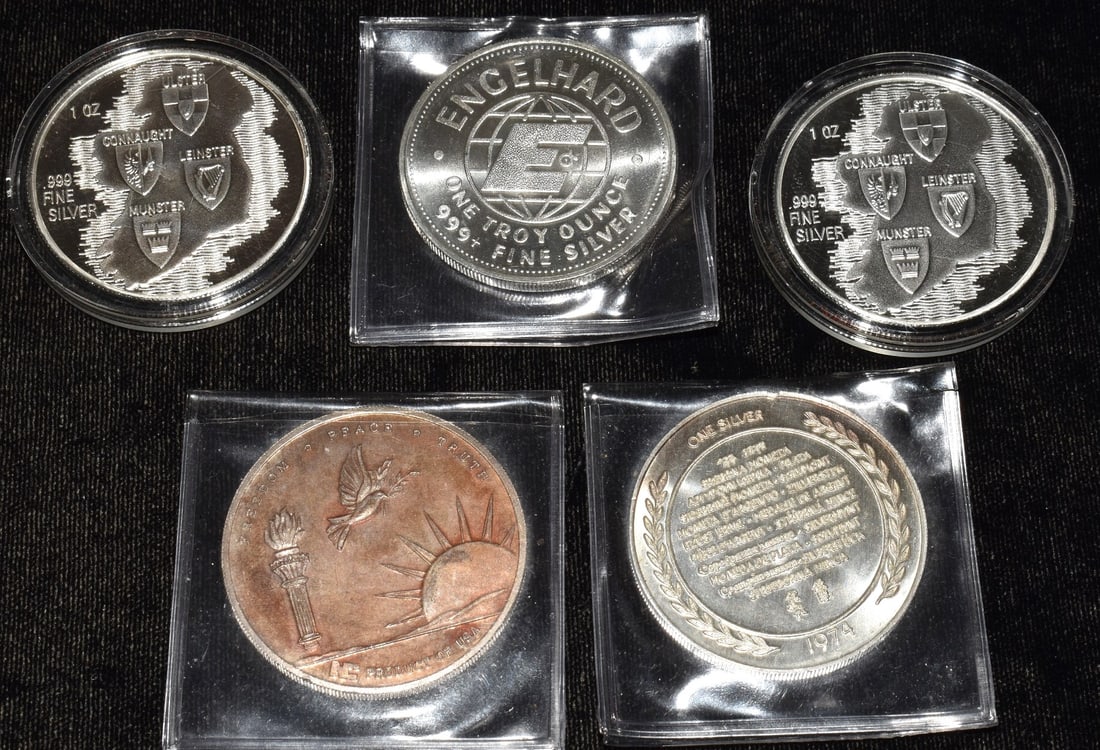 LOT (5) ASSORTED VARIOUS SILVER ROUNDS, APPROX. 6.1 OZ. - 3