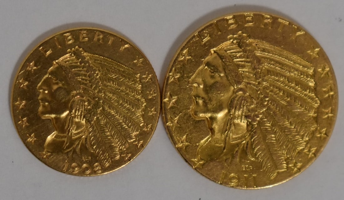LOT (2) U.S. IMPRESSED INDIAN GOLD COINS $2.50/$5.00: LOT (2) U.S. IMPRESSED INDIAN GOLD COINS $2.50/$5.00 C.1908, 1911