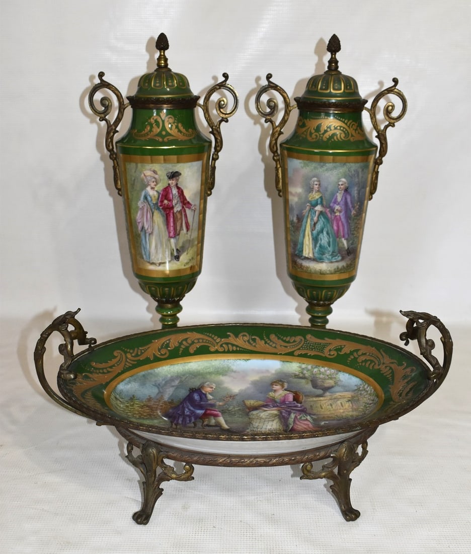 SET (3) FRENCH SEVRES, H/P PORC./BRONZE GARN. SET (1 of 20)