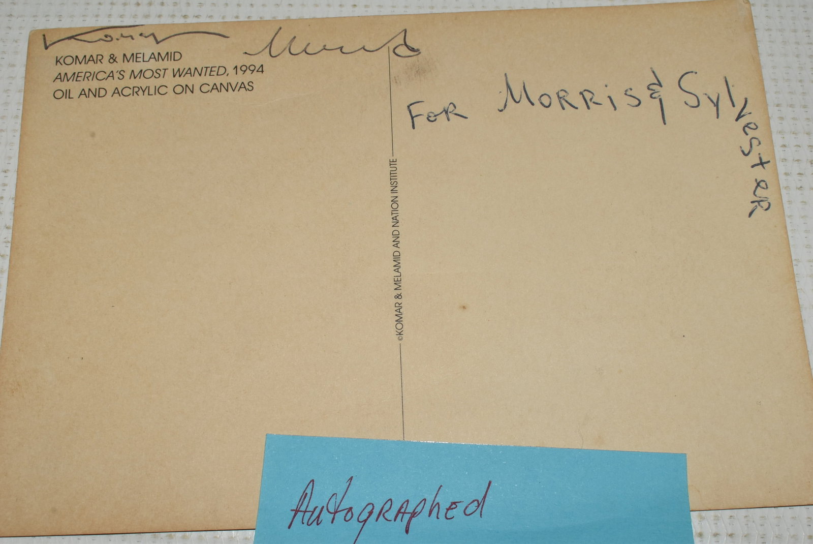 LOT (5) INCL. AUTOGRAPHED CARD KOMAR & MELAMID: LOT (5) INCL. AUTOGRAPHED CARD KOMAR & MELAMID (VITALY-1943, ALEXANDER-1945) RUSSIAN, ISRAEL & NY) W/ EARLY VIEWS FROM THE NEW YORK STUDIO, C. 1960/70 (POSSIBLY FOR ESQUIRE MAGAZINE)
