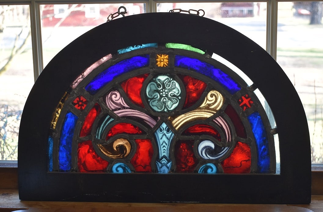 VICTORIAN LEADED GLASS WINDOW, 19TH C., 13" X 20" (1 of 5)