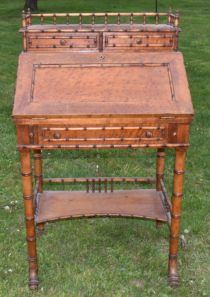 VICTORIAN FAUX BAMBOO SLANT FRONT POSTCARD DESK, 19TH C (1 of 10)