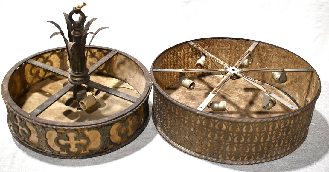 LOT (2) ART DECO BRONZE HANGING DRUM LAMPS, C. 1920 (1 of 13)