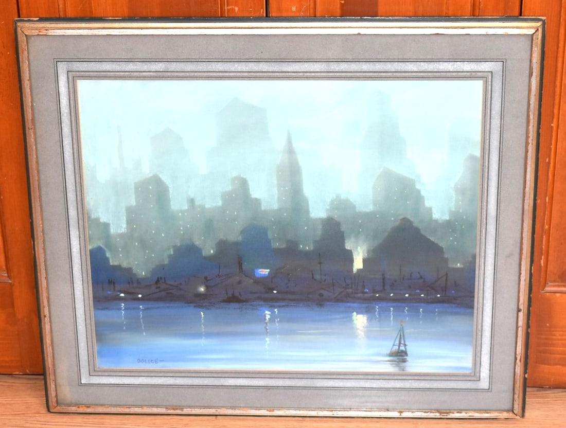 W/C PASTEL NY CITY SKYLINE SIGNED DOLICE, C. 1940/50: W/C PASTEL NY CITY SKYLINE SIGNED DOLICE (LEON LOUIS 1892-1960 NY, NY) C. 1940/50, 21" X 25"