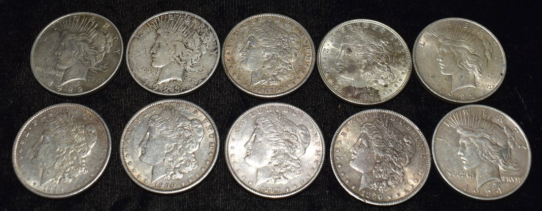 LOT(10) U.S. SILVER MORGAN/PEACE DOLLARS MXDDATES (1 of 2)
