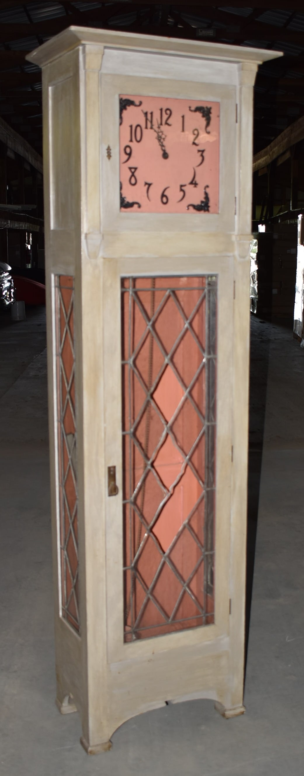 MISSION OAK TALL CASE CLOCK W/LEADED GLASS PANELS (1 of 10)