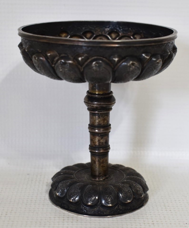 EARLY JAPANESE REPOSSE' SILVER STEM CUP, 19TH C. (1 of 6)