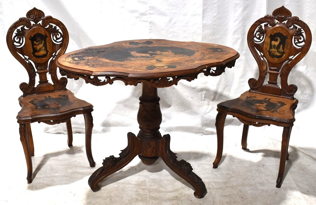 3 AUSTRIAN/VICT. CARVED INLAID PARLOR TABLE & CHAIRS, (1 of 9)