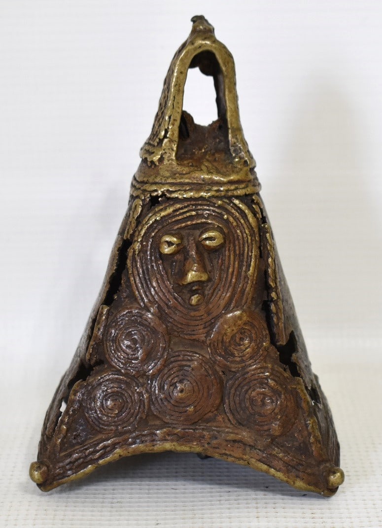 AFRICAN BRASS TRIBAL FACE BELL, 19TH C. (1 of 8)