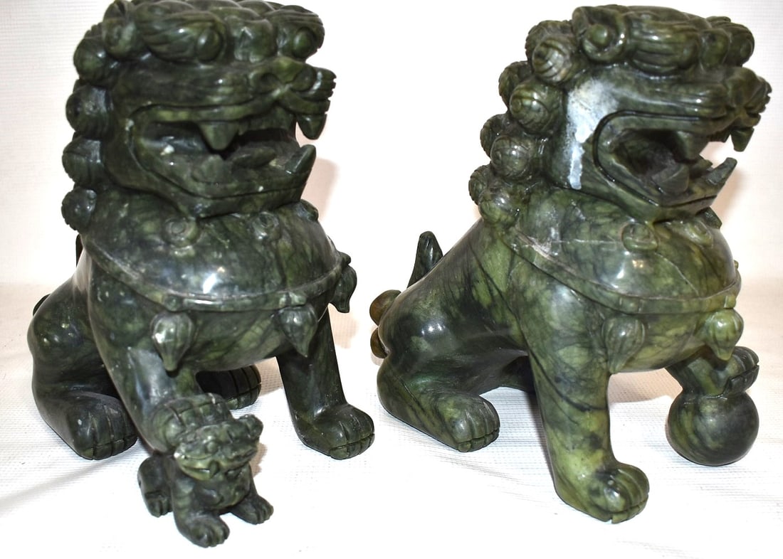 LOT (2) CHINESE CARVED SERPENTINE JADE FOO DOGS, 20TH C (1 of 6)