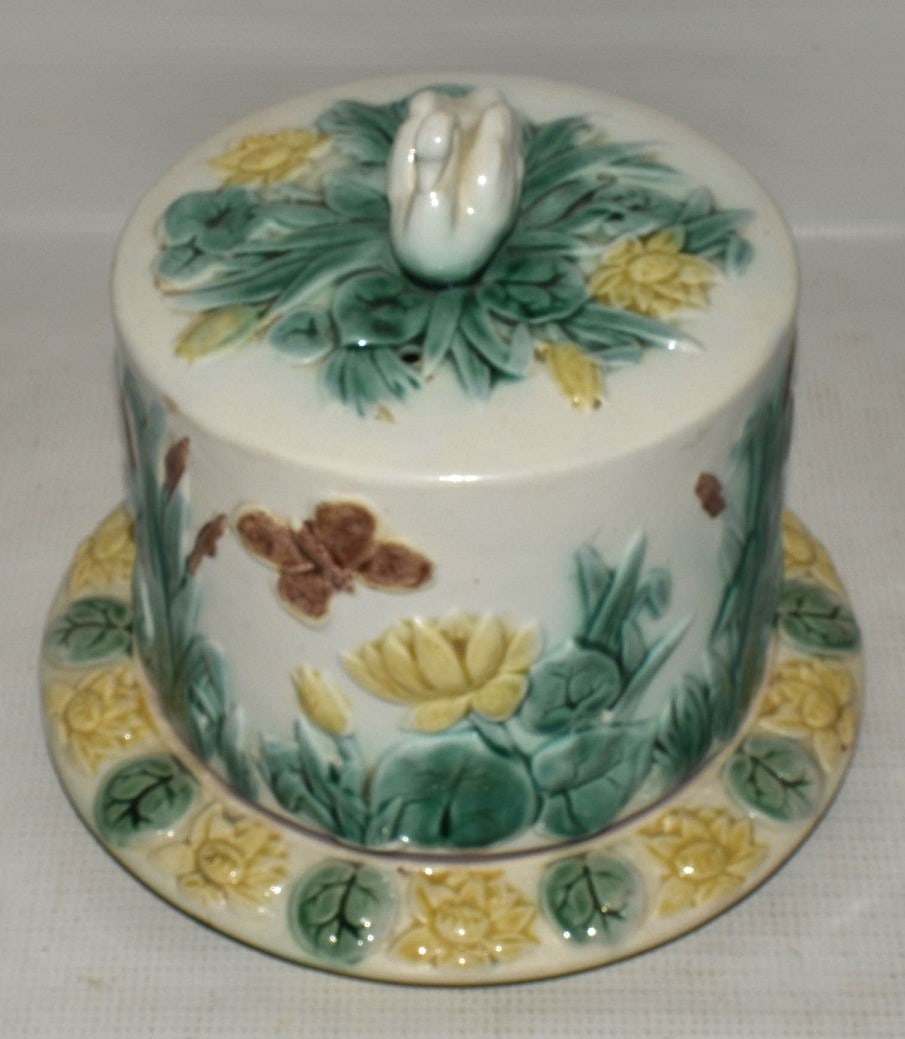 RARE ETRUSCAN SWAN MAJOLICA CHEESE KEEPER 19TH C. (1 of 10)