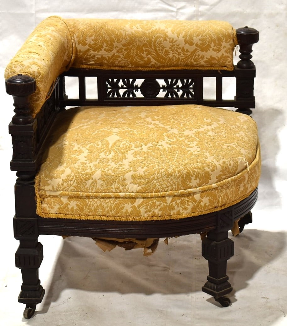 AESTHETIC BLACK WALNUT TUFTED CORNER CHAIR, C. 1880 (1 of 5)