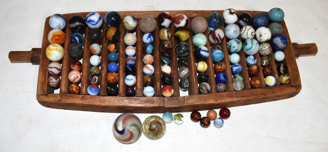 LARGE LOT EARLY MARBLES W/MARBLE BOARD, 19TH C. (1 of 10)