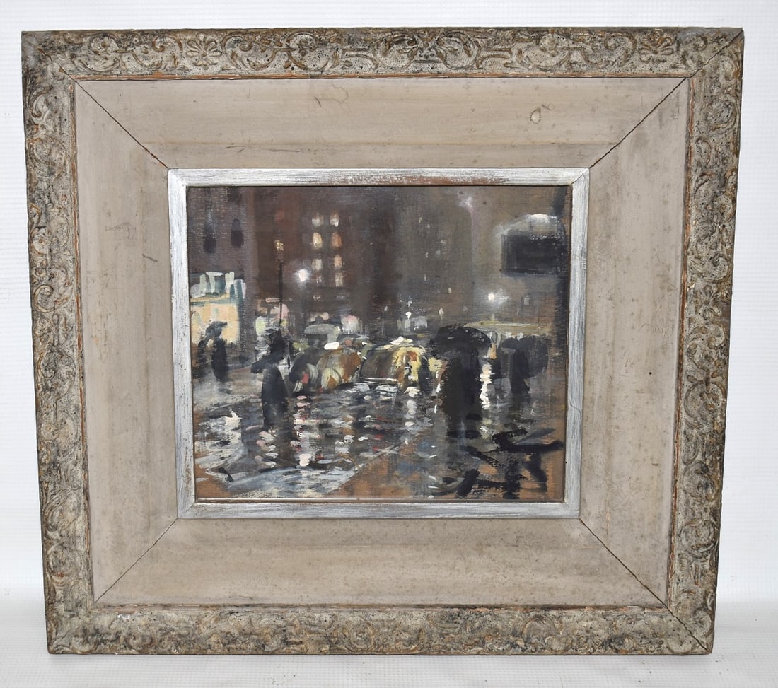 W/C GOUACHE CITY STREET/RAINY NIGHT, STAMP JOHN GANNAM: W/C GOUACHE CITY STREET/IN RAINY NIGHT, ESTATE STAMP JOHN GANNAM (1907-1965 CHICAGO, DETROIT & NY CITY, NA, ANA) 9" X 9 1/2"