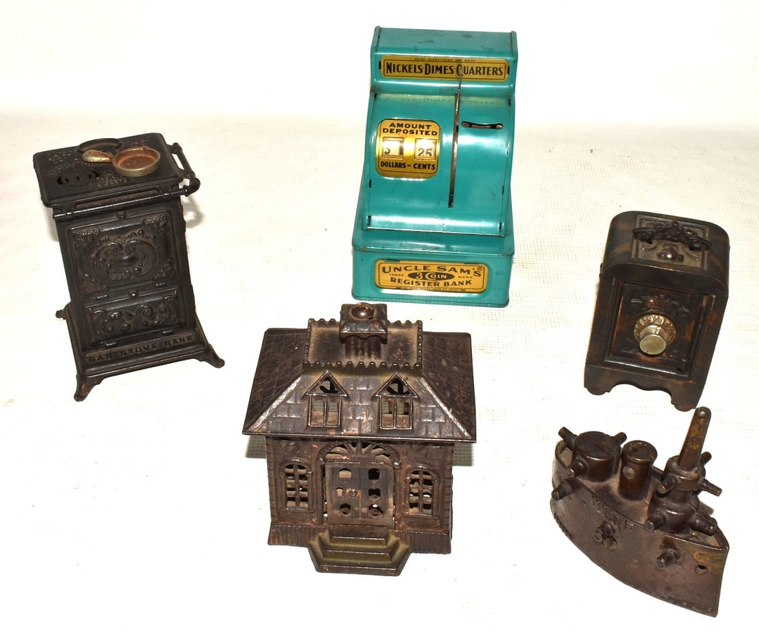 LOT (5) VINTAGE CAST IRON STILL BANKS (1 of 16)